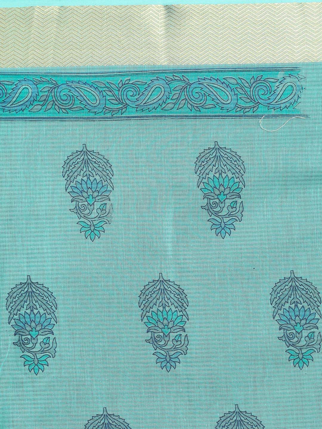 Indethnic Printed Cotton Blend Saree in Sea Green - Saree Detail View