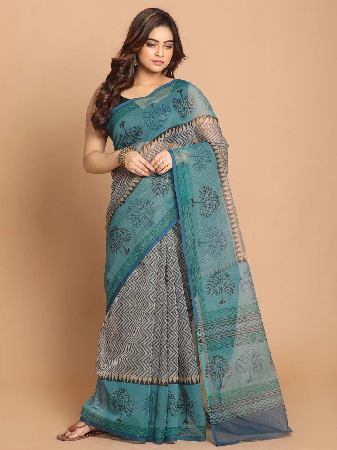 Indethnic Printed Cotton Blend Saree in Sea Green - View 1