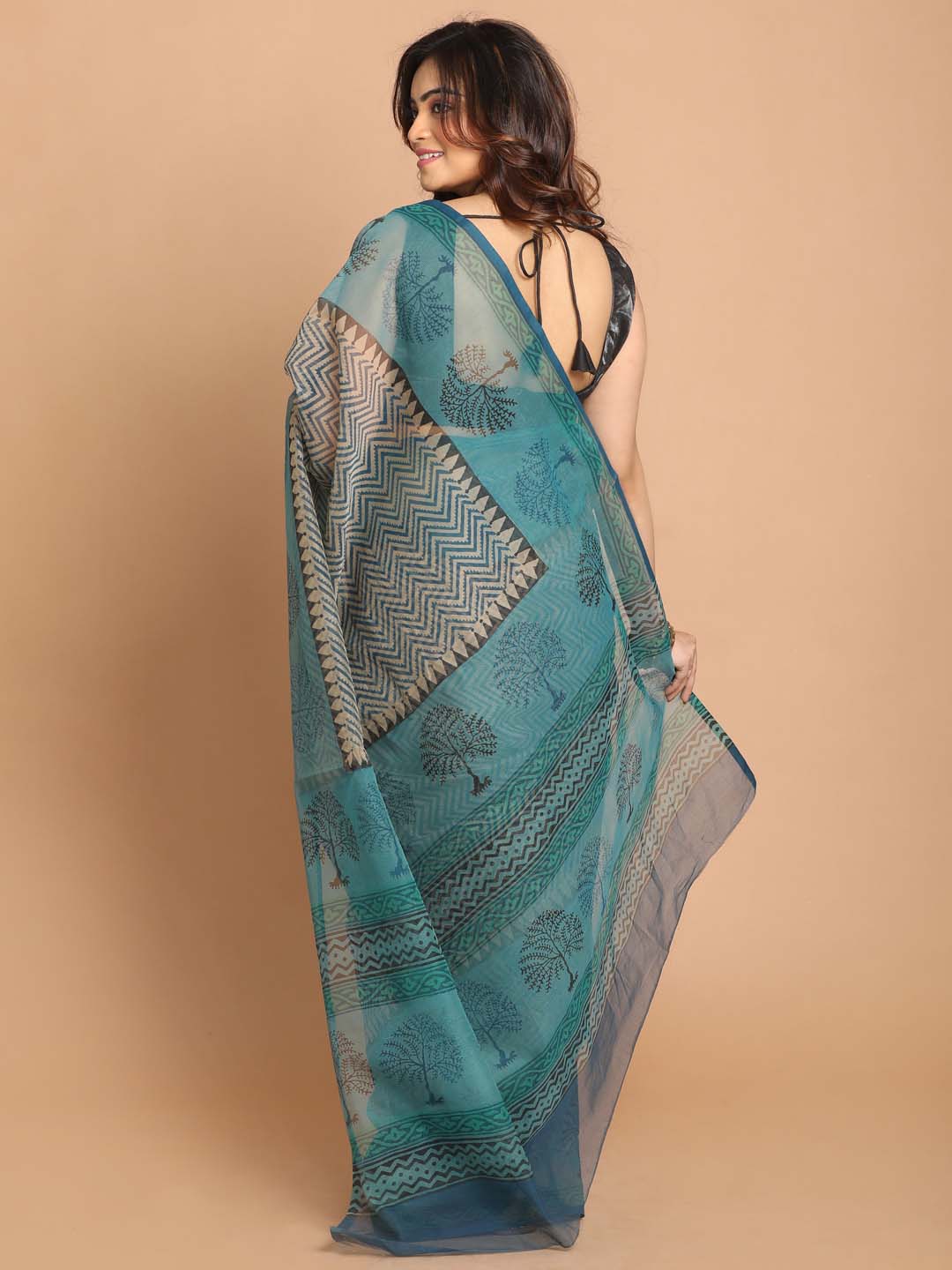 Indethnic Printed Cotton Blend Saree in Sea Green - View 2