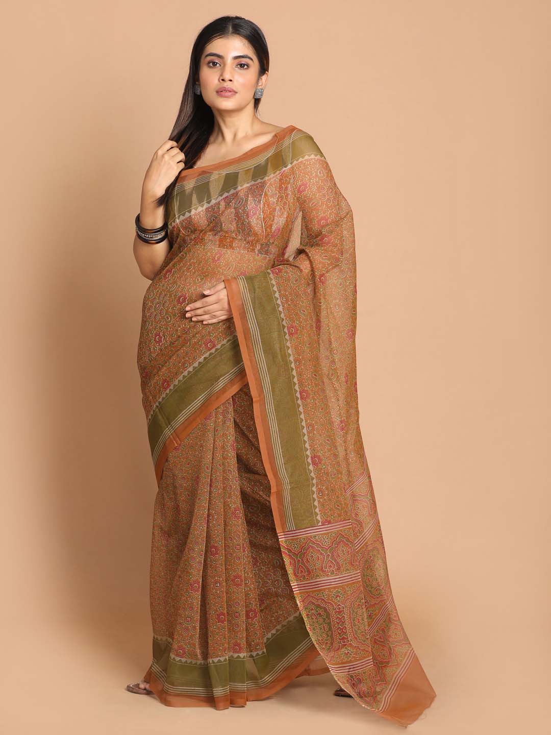 Indethnic Printed Cotton Blend Saree in Tan - View 2