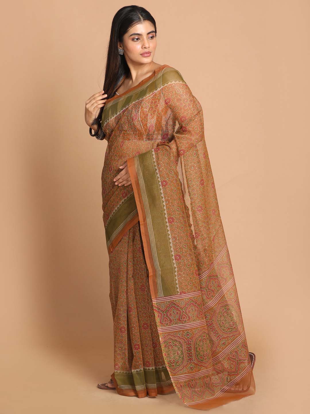 Indethnic Printed Cotton Blend Saree in Tan - View 1