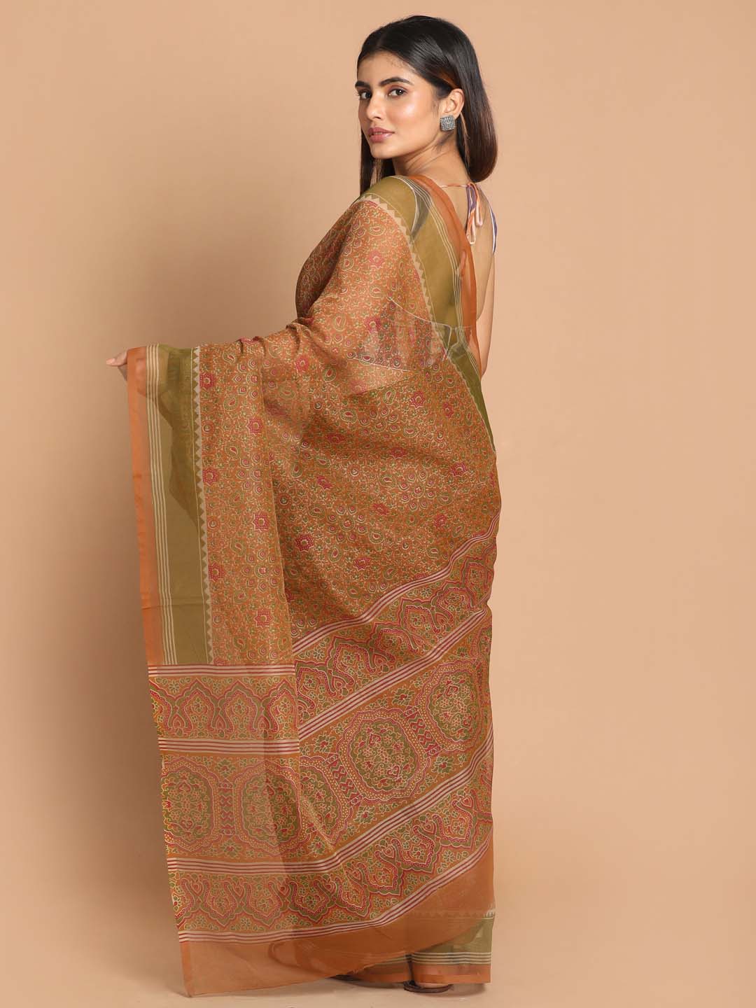 Indethnic Printed Cotton Blend Saree in Tan - View 3