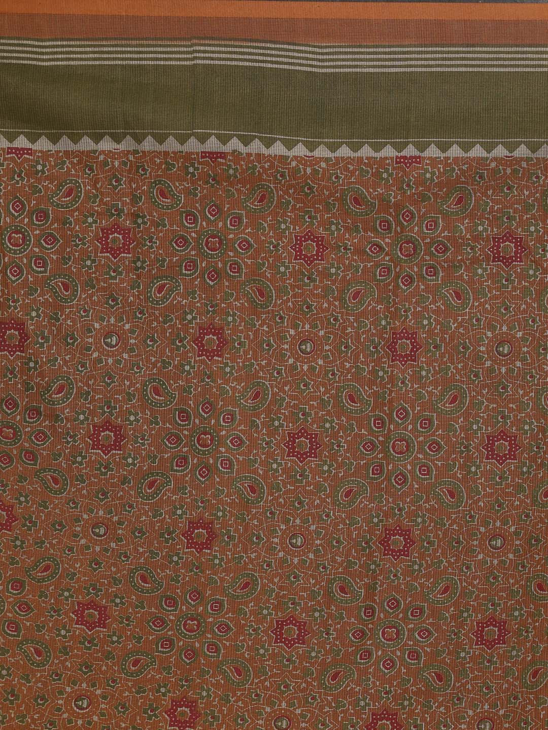 Indethnic Printed Cotton Blend Saree in Tan - Saree Detail View