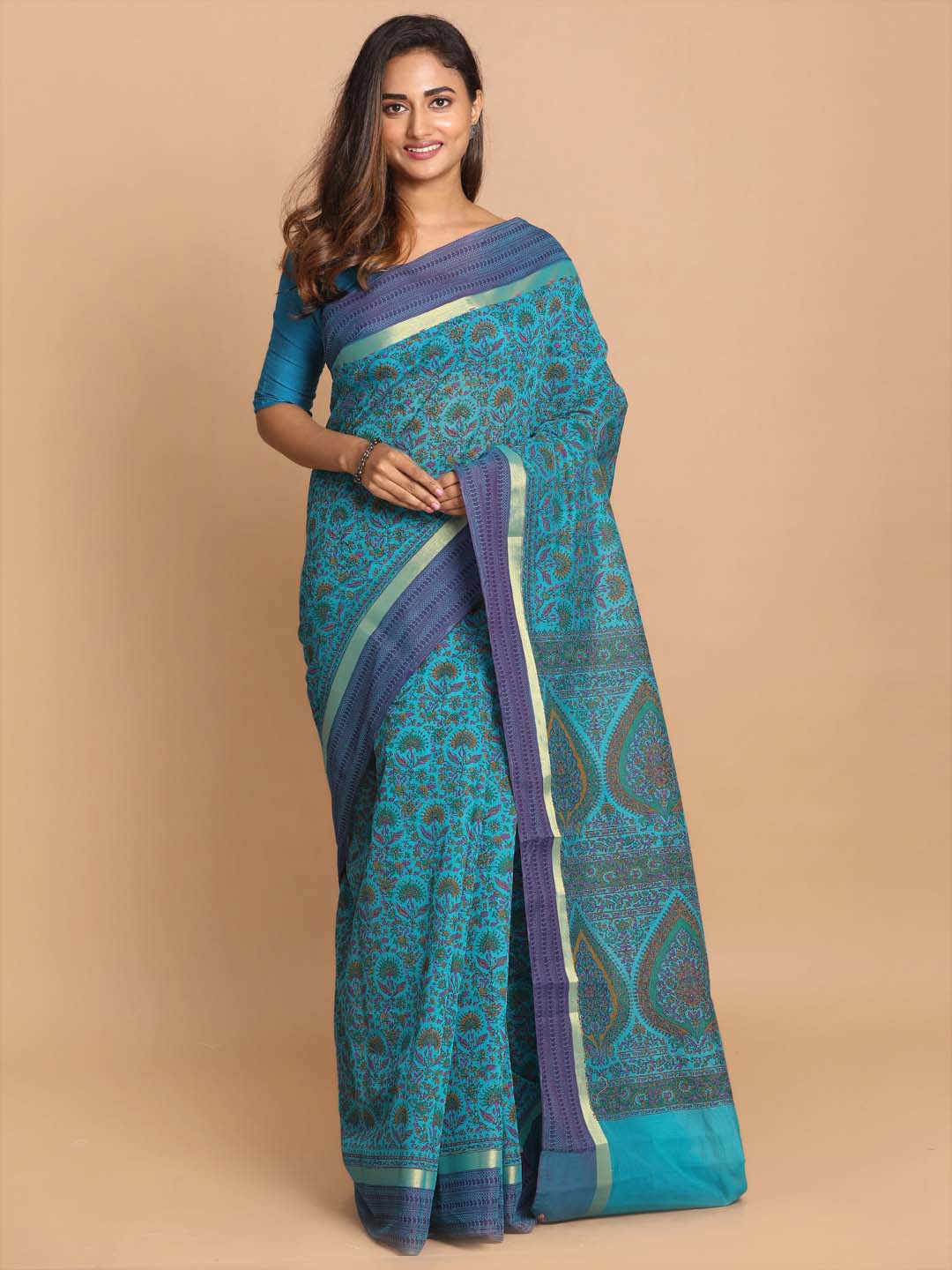 Indethnic Printed Cotton Blend Saree in Turquoise Blue - View 1