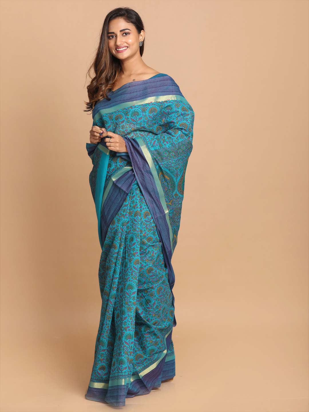 Indethnic Printed Cotton Blend Saree in Turquoise Blue - View 2