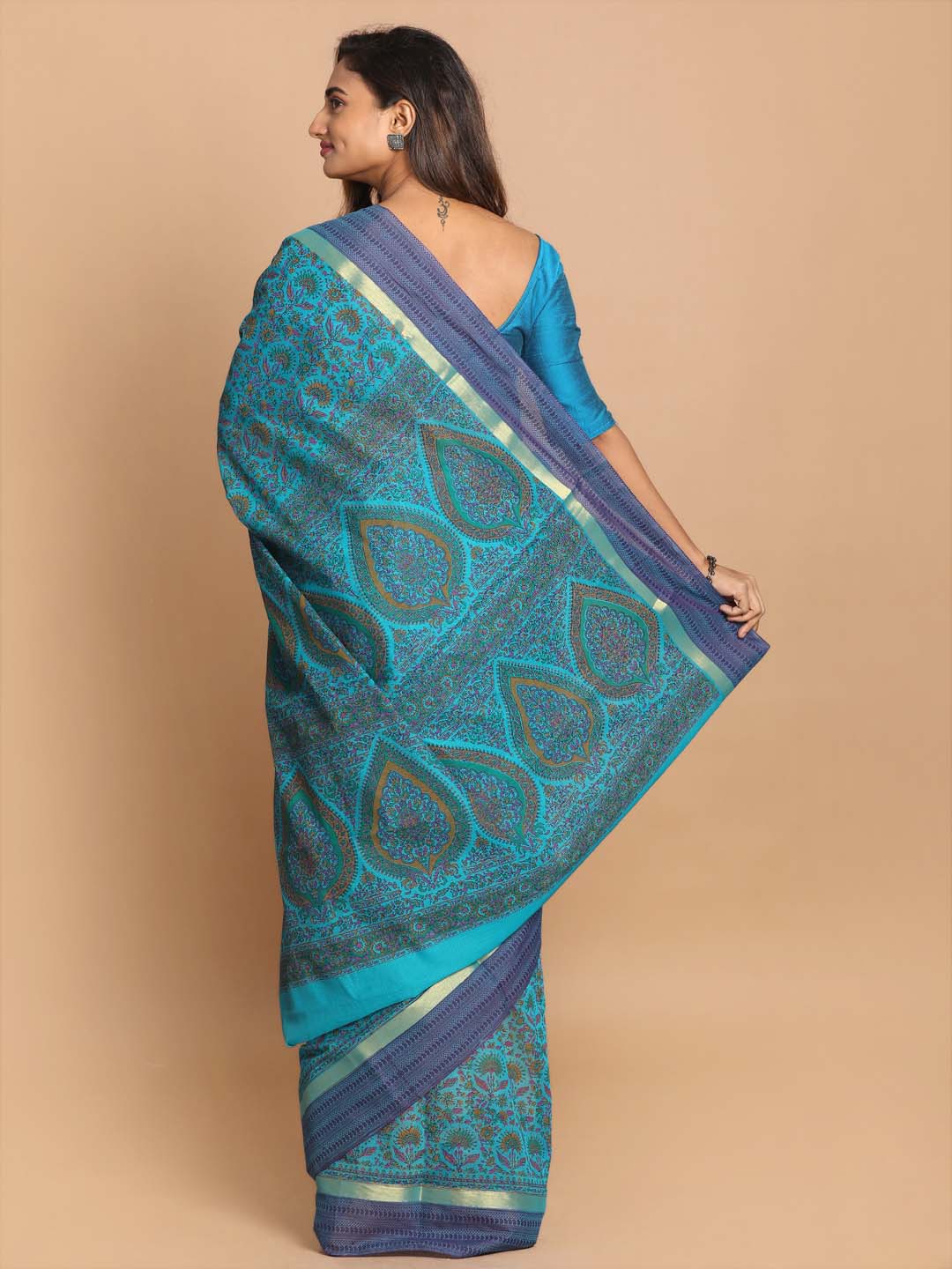 Indethnic Printed Cotton Blend Saree in Turquoise Blue - View 3