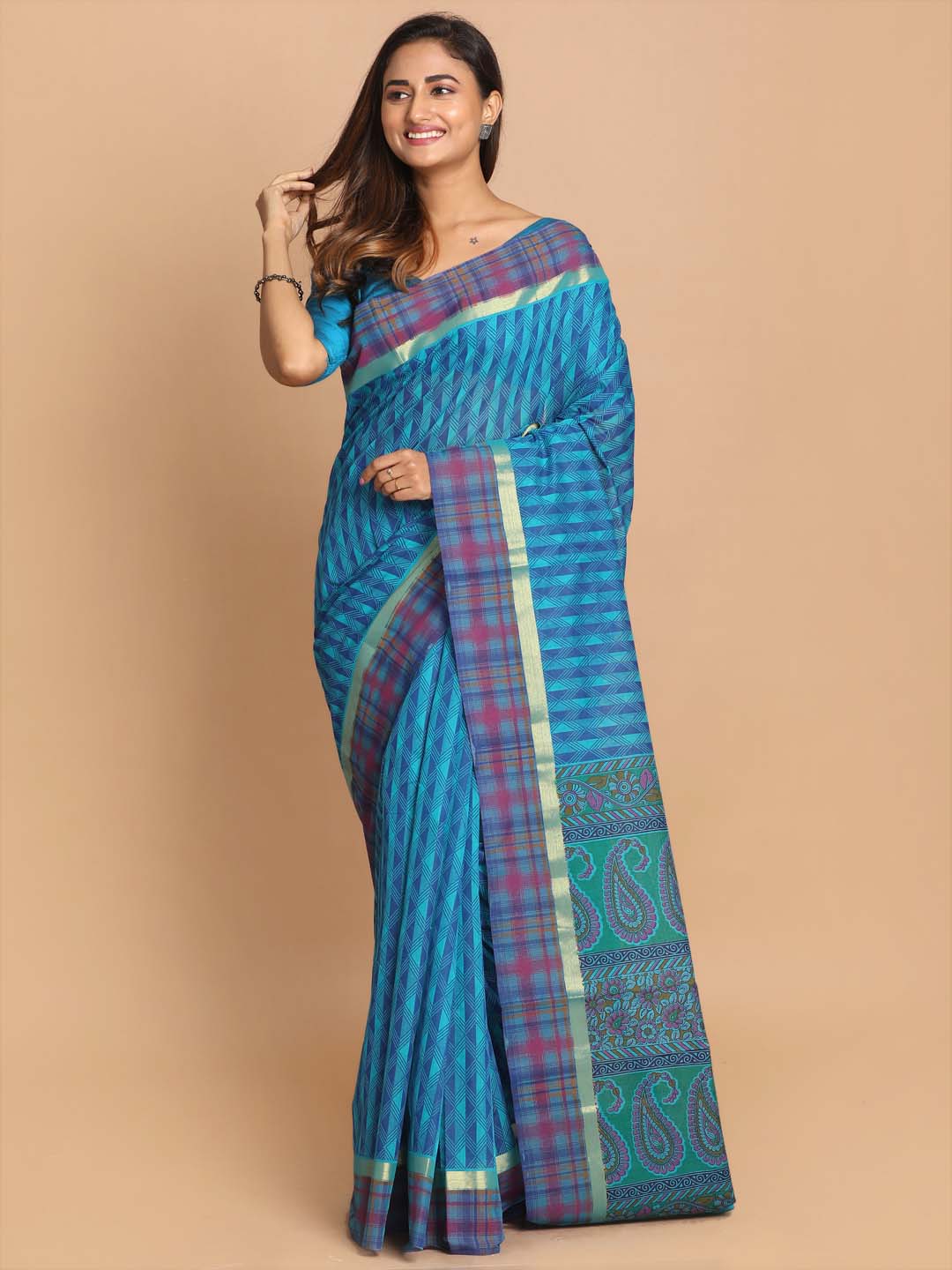 Indethnic Printed Cotton Blend Saree in Turquoise Blue - View 1