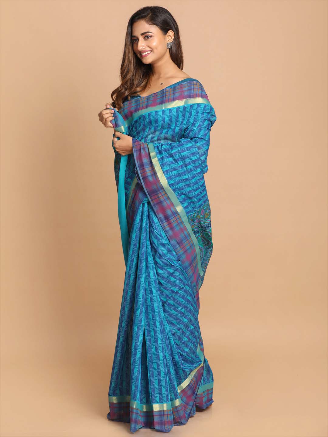 Indethnic Printed Cotton Blend Saree in Turquoise Blue - View 1