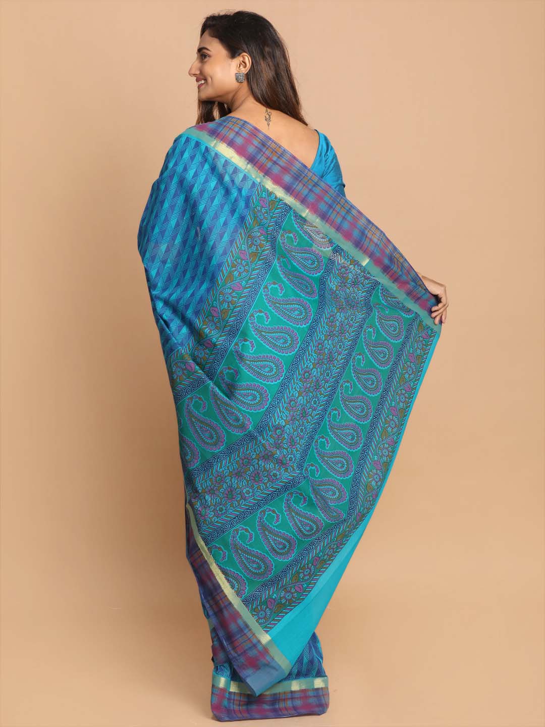 Indethnic Printed Cotton Blend Saree in Turquoise Blue - View 3