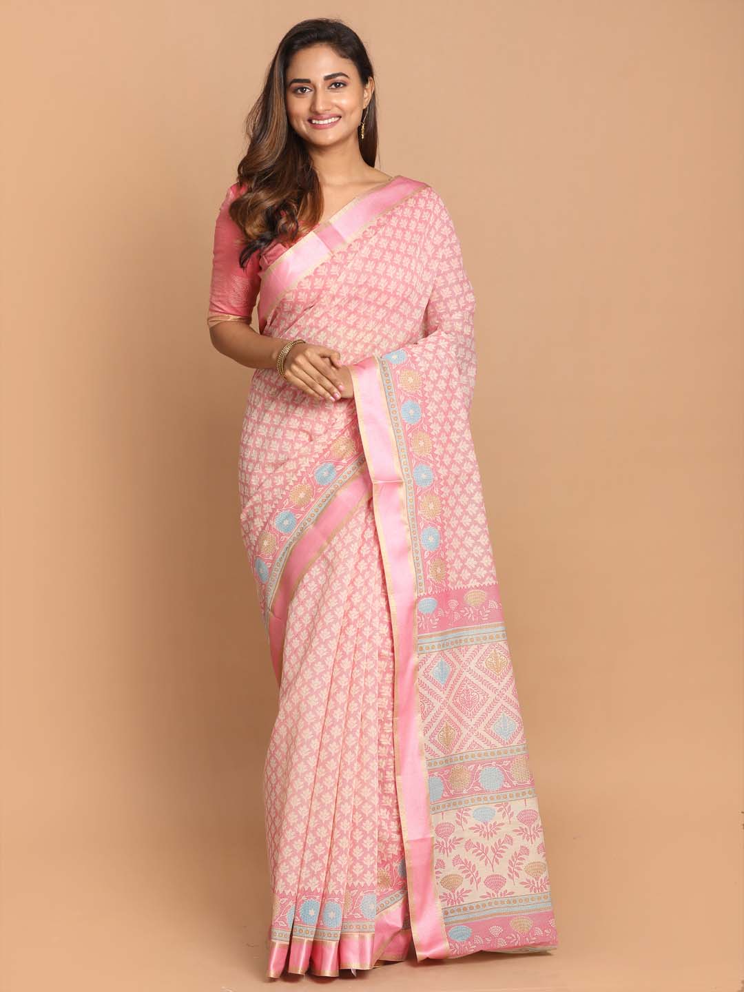 Indethnic Printed Cotton Blend Saree in Pink - View 1