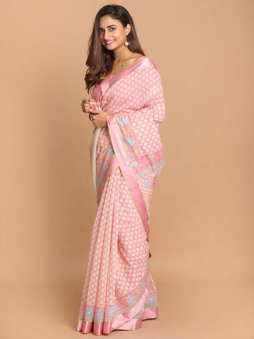 Indethnic Printed Cotton Blend Saree in Pink - View 2