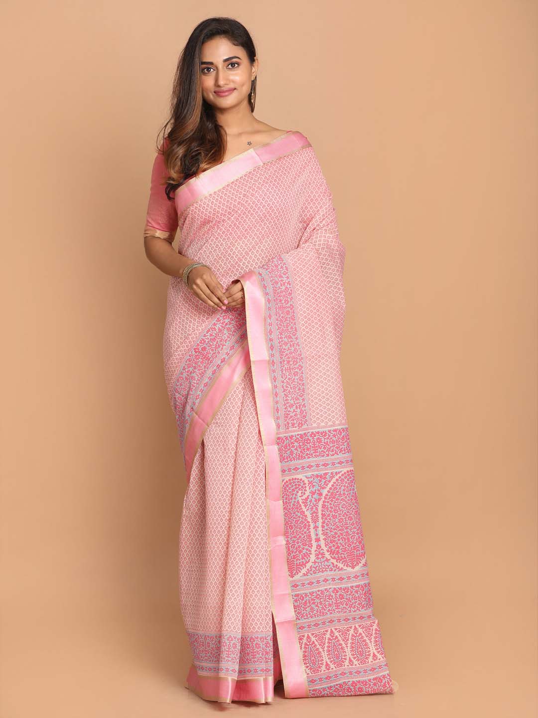 Indethnic Printed Cotton Blend Saree in Pink - View 1