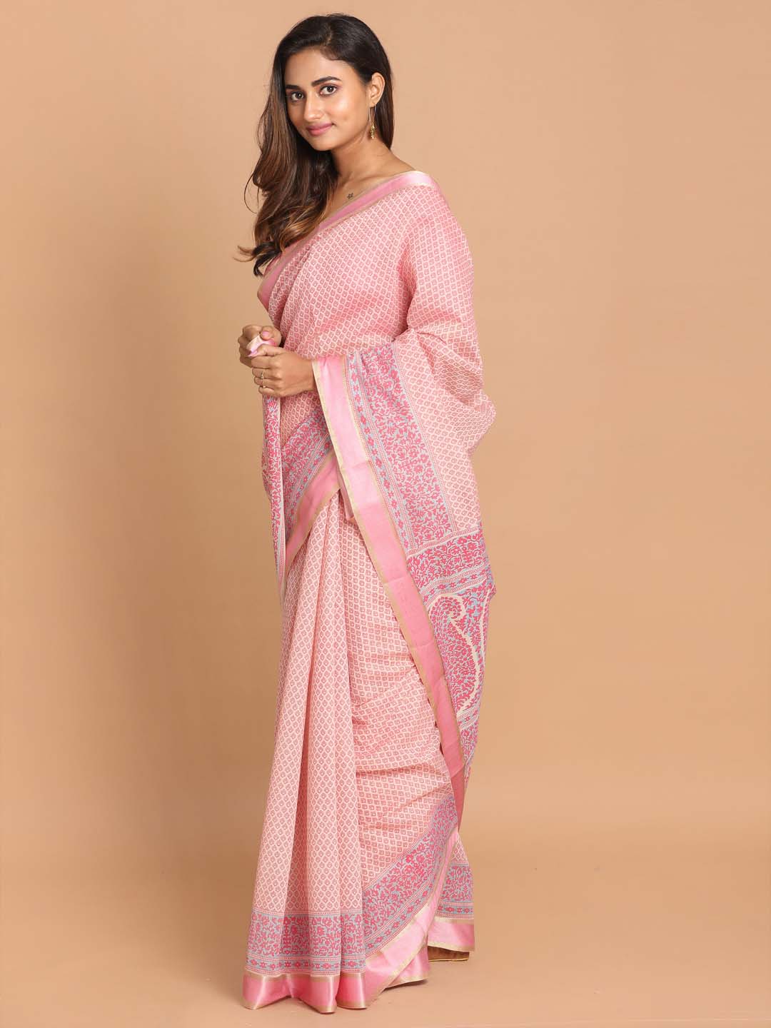 Indethnic Printed Cotton Blend Saree in Pink - View 2