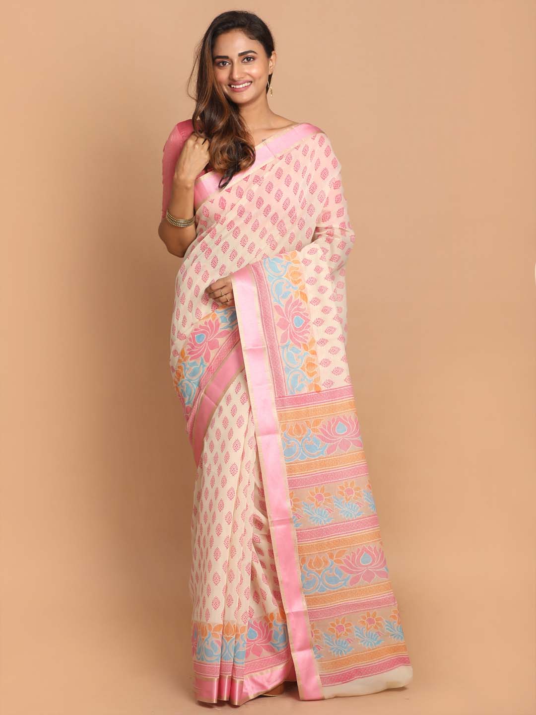 Indethnic Printed Cotton Blend Saree in Pink - View 1