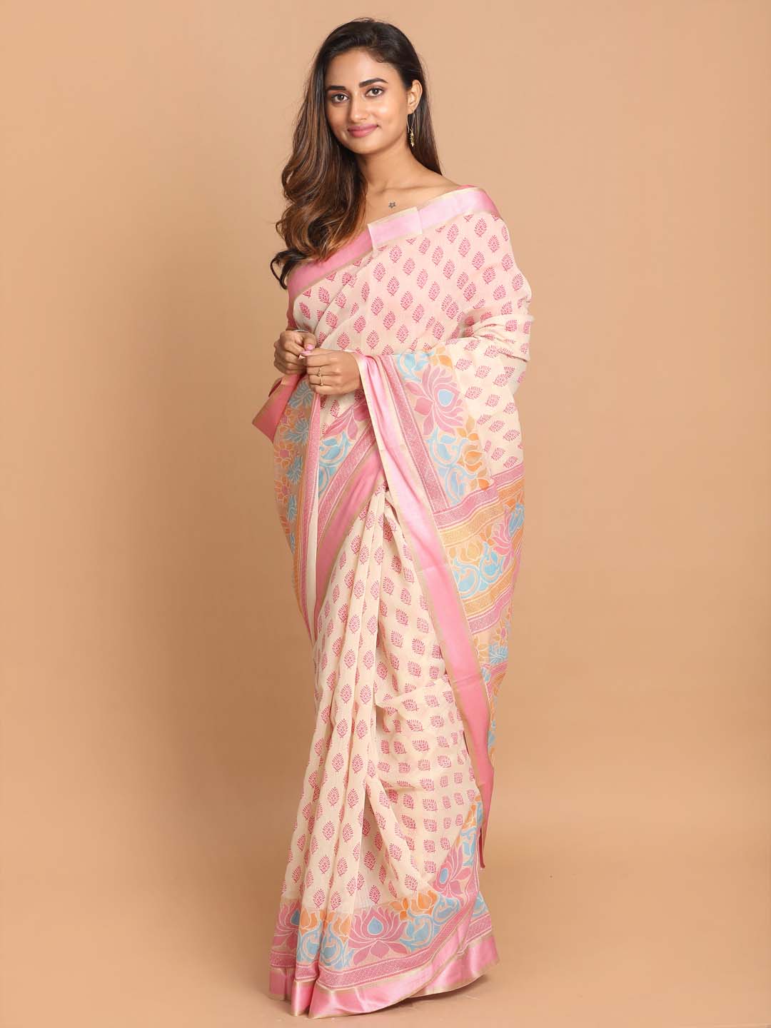 Indethnic Printed Cotton Blend Saree in Pink - View 2