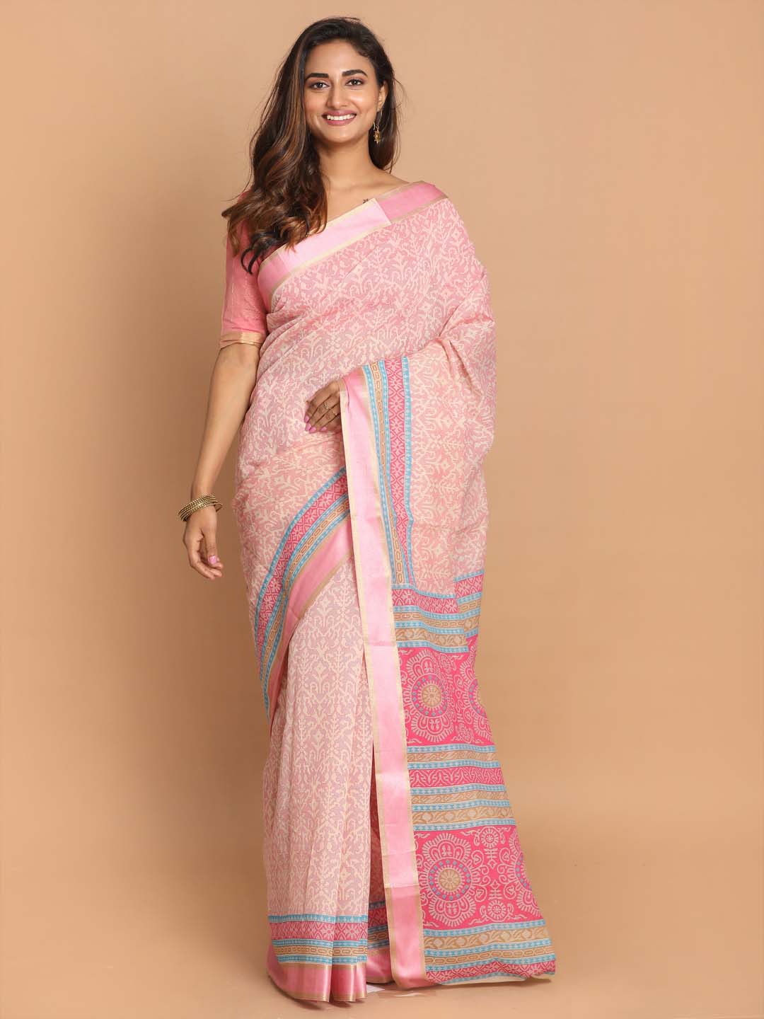 Indethnic Printed Cotton Blend Saree in Pink - View 1