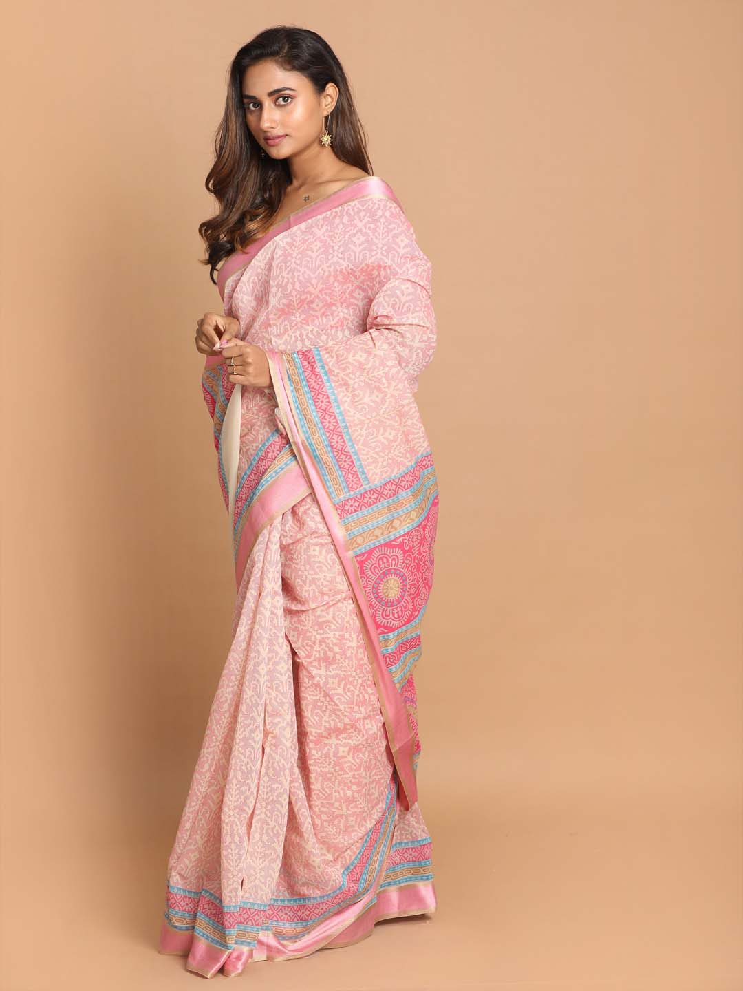 Indethnic Printed Cotton Blend Saree in Pink - View 2