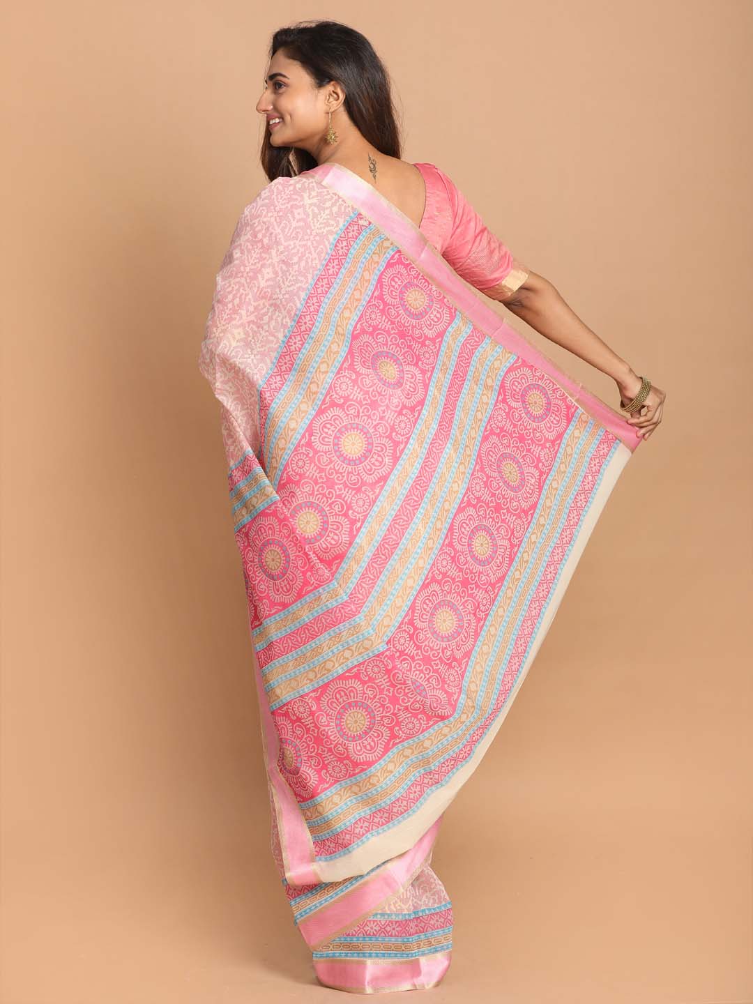Indethnic Printed Cotton Blend Saree in Pink - View 3