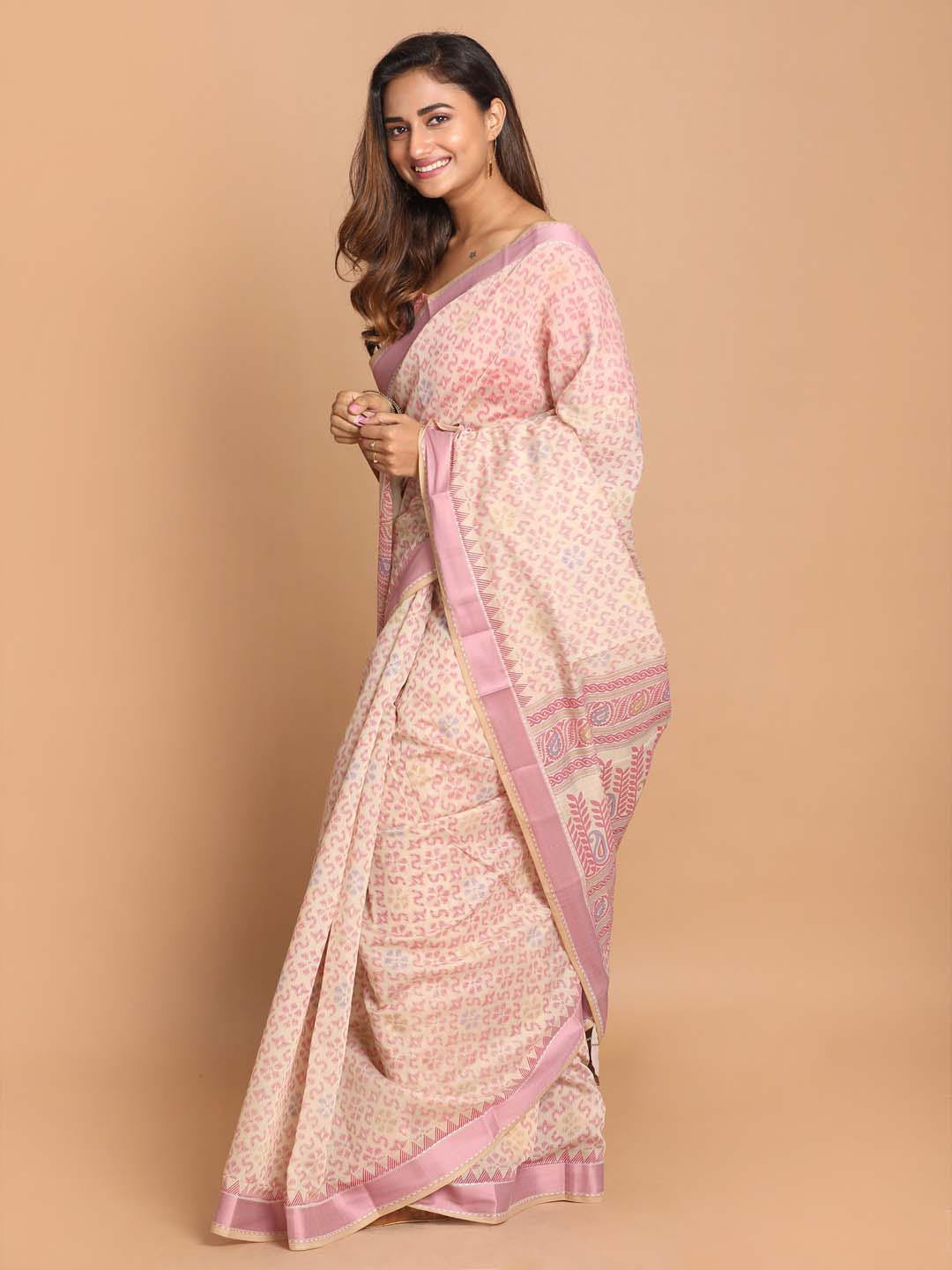 Indethnic Printed Cotton Blend Saree in Pink - View 2
