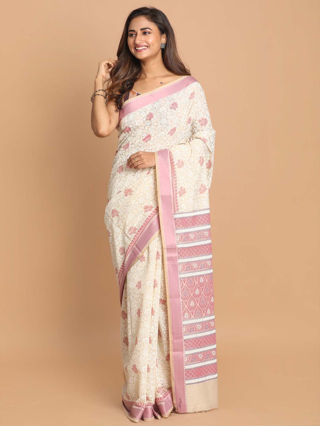 Indethnic Printed Cotton Blend Saree in Pink - View 1