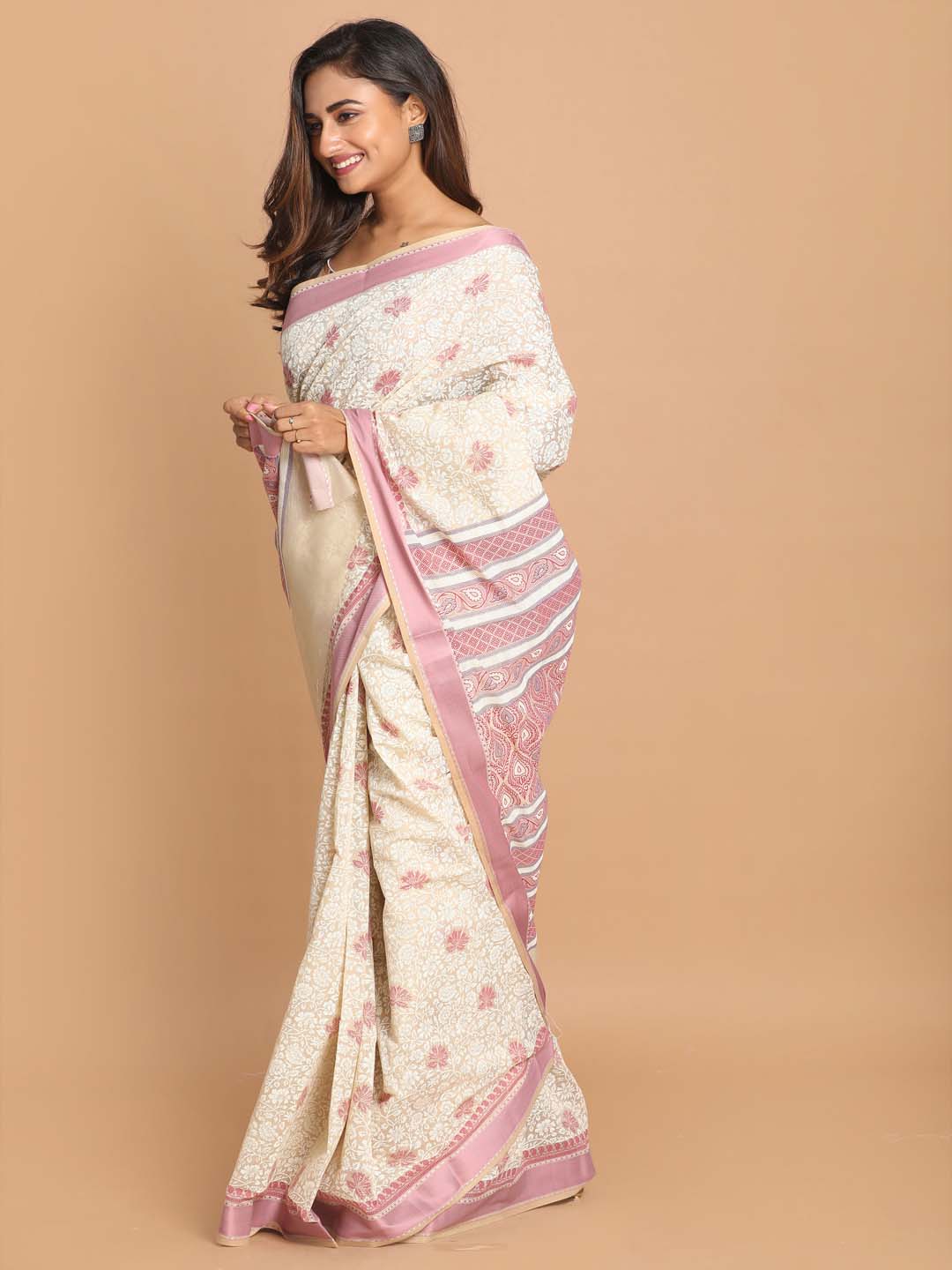 Indethnic Printed Cotton Blend Saree in Pink - View 2