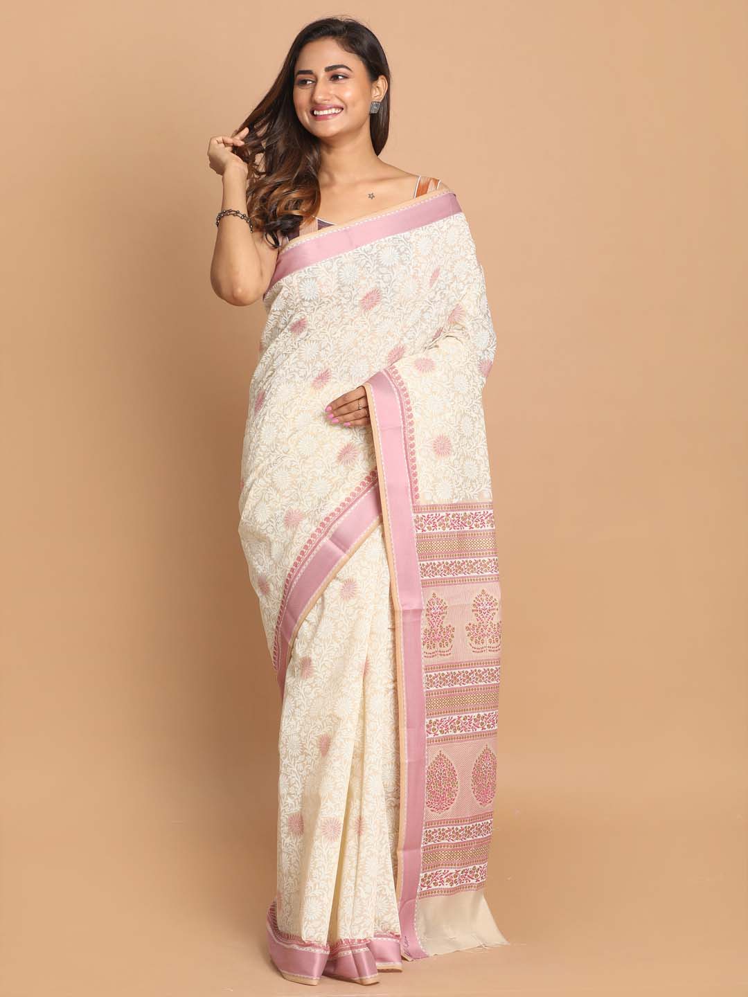 Indethnic Printed Cotton Blend Saree in Pink - View 1