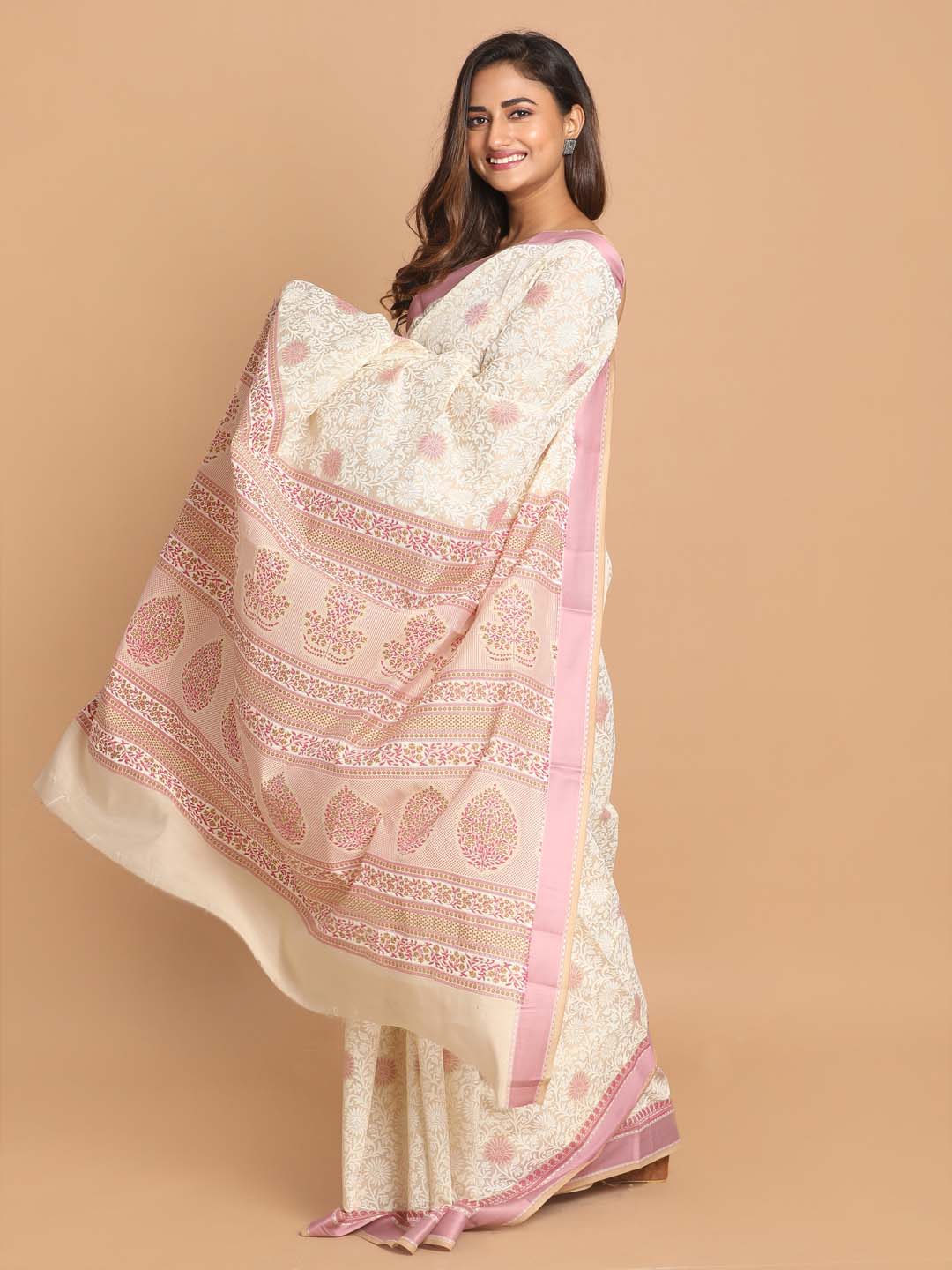 Indethnic Printed Cotton Blend Saree in Pink - View 2