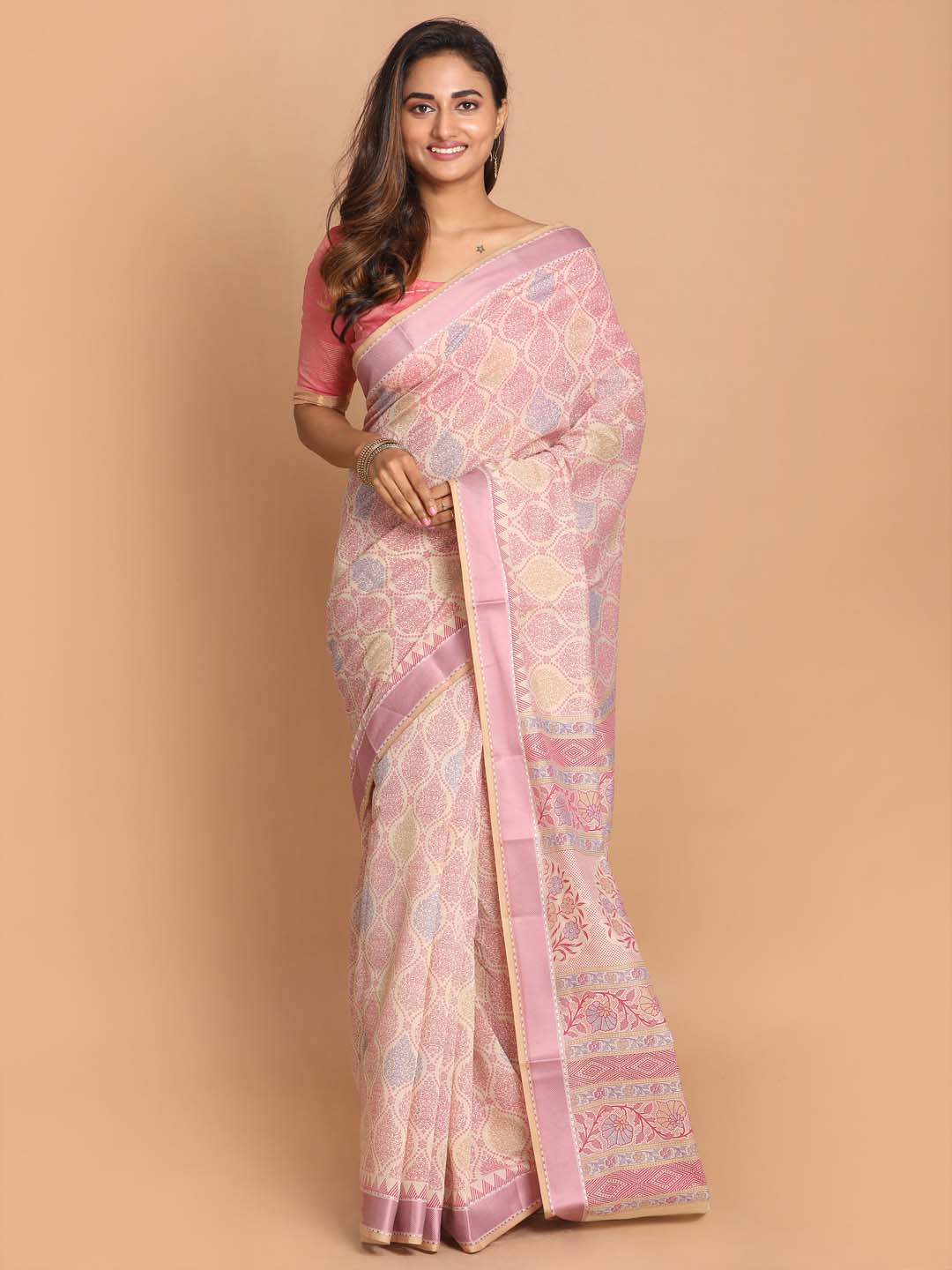 Indethnic Printed Cotton Blend Saree in Pink - View 1