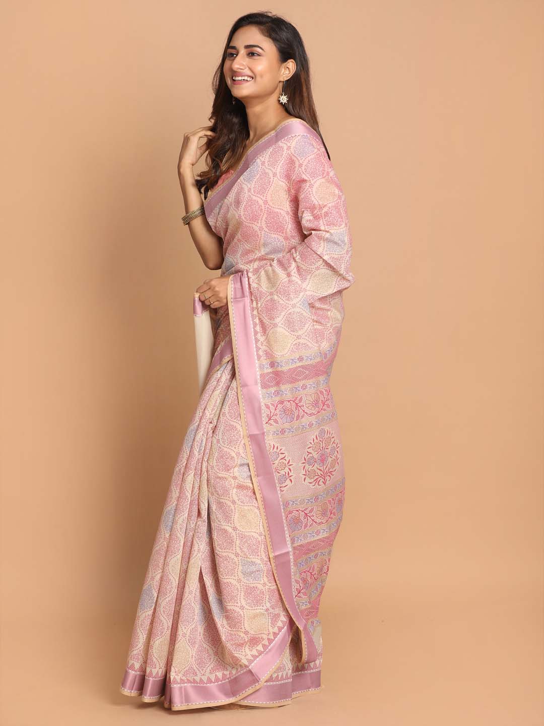 Indethnic Printed Cotton Blend Saree in Pink - View 2