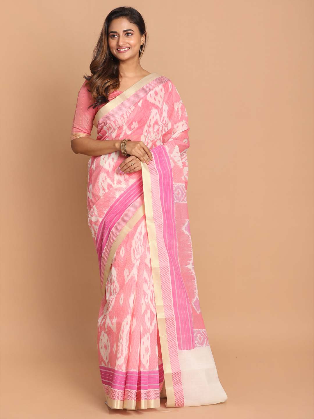 Indethnic Printed Cotton Blend Saree in Pink - View 1