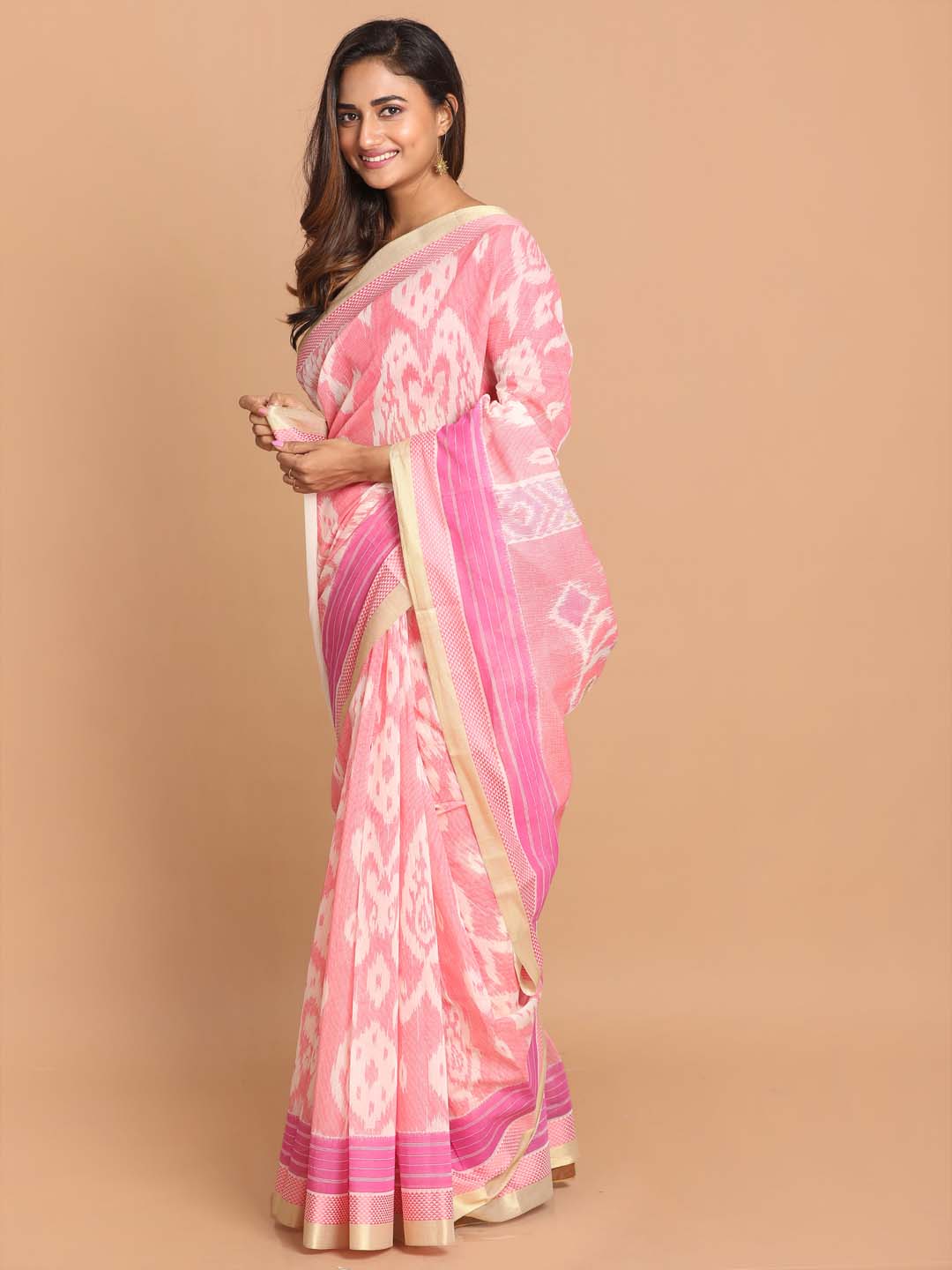 Indethnic Printed Cotton Blend Saree in Pink - View 2