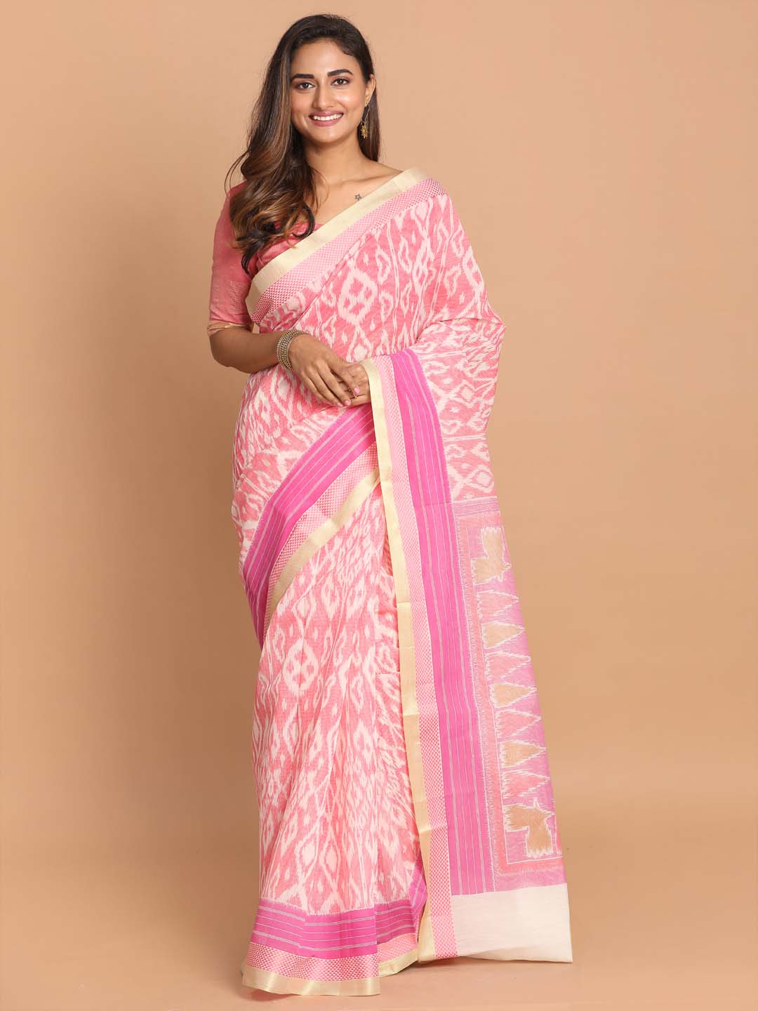 Indethnic Printed Cotton Blend Saree in Pink - View 1