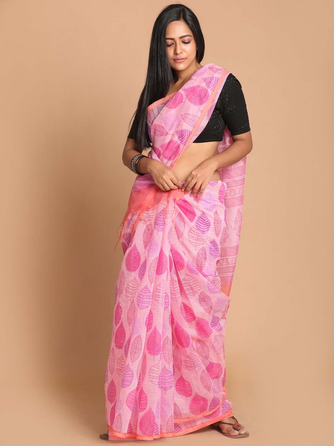 Indethnic Printed Cotton Blend Saree in Pink - View 1