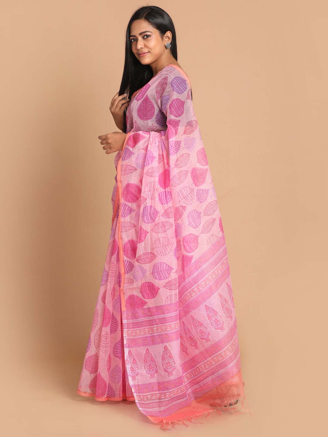 Indethnic Printed Cotton Blend Saree in Pink - View 2