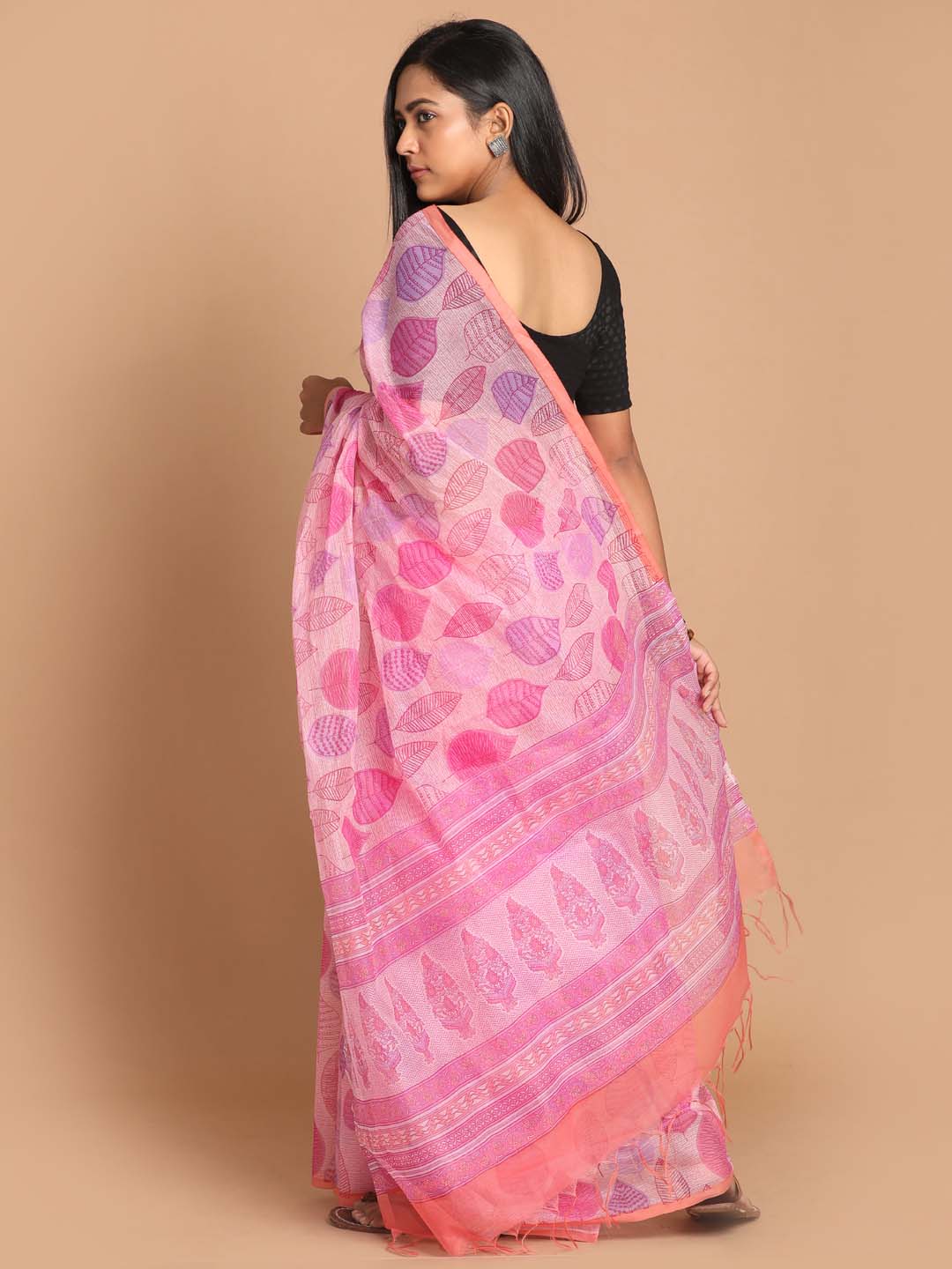 Indethnic Printed Cotton Blend Saree in Pink - View 3