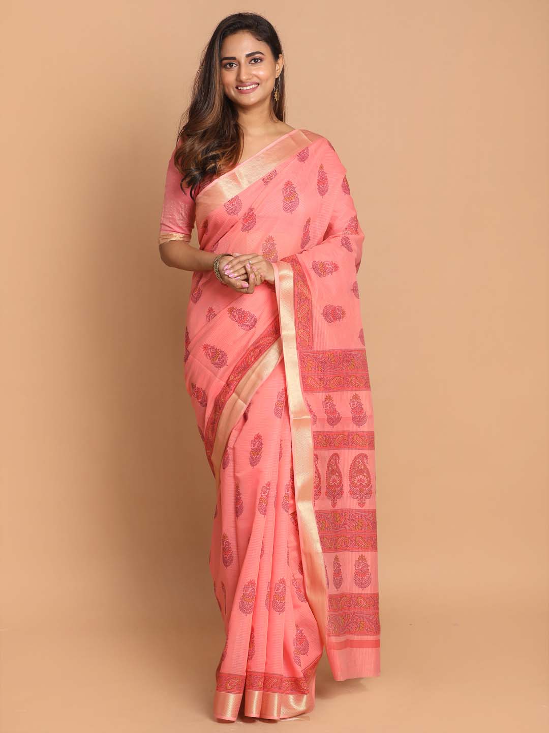 Indethnic Printed Cotton Blend Saree in Pink - View 1