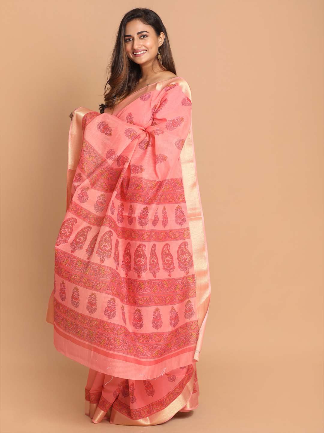 Indethnic Printed Cotton Blend Saree in Pink - View 2