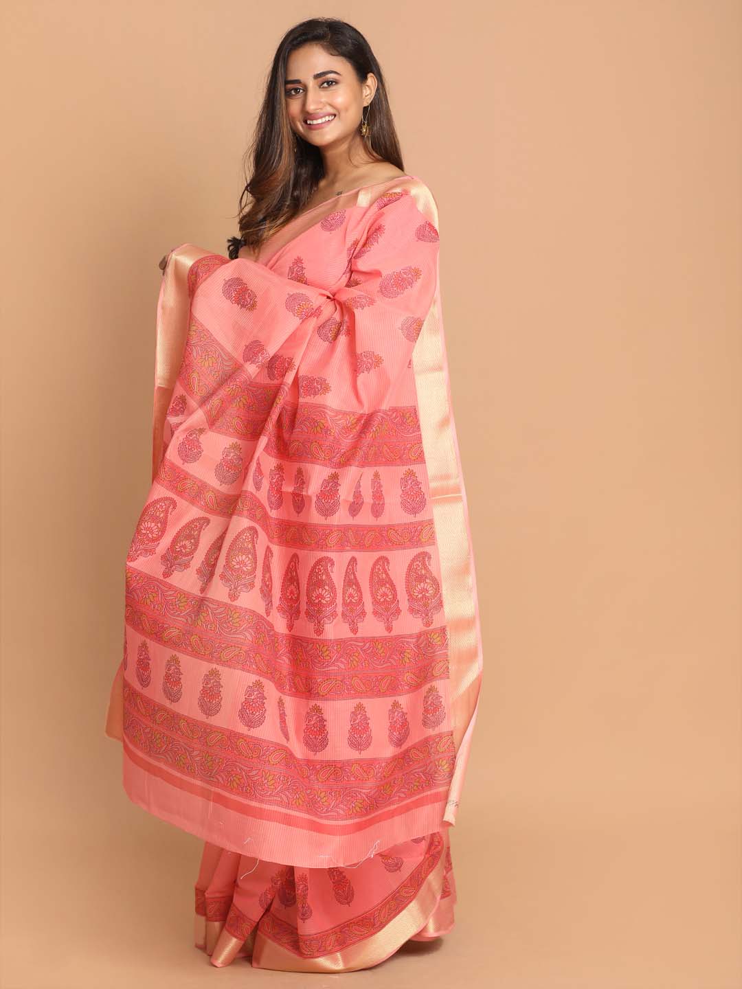 Indethnic Printed Cotton Blend Saree in Pink - View 1