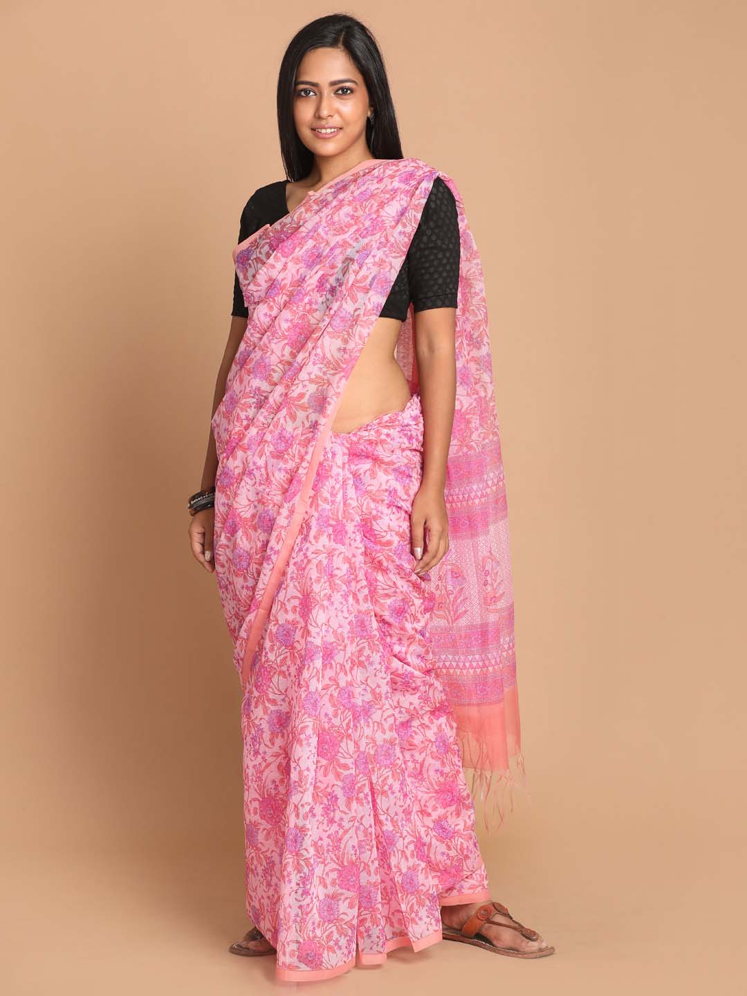 Indethnic Printed Cotton Blend Saree in Pink - View 1