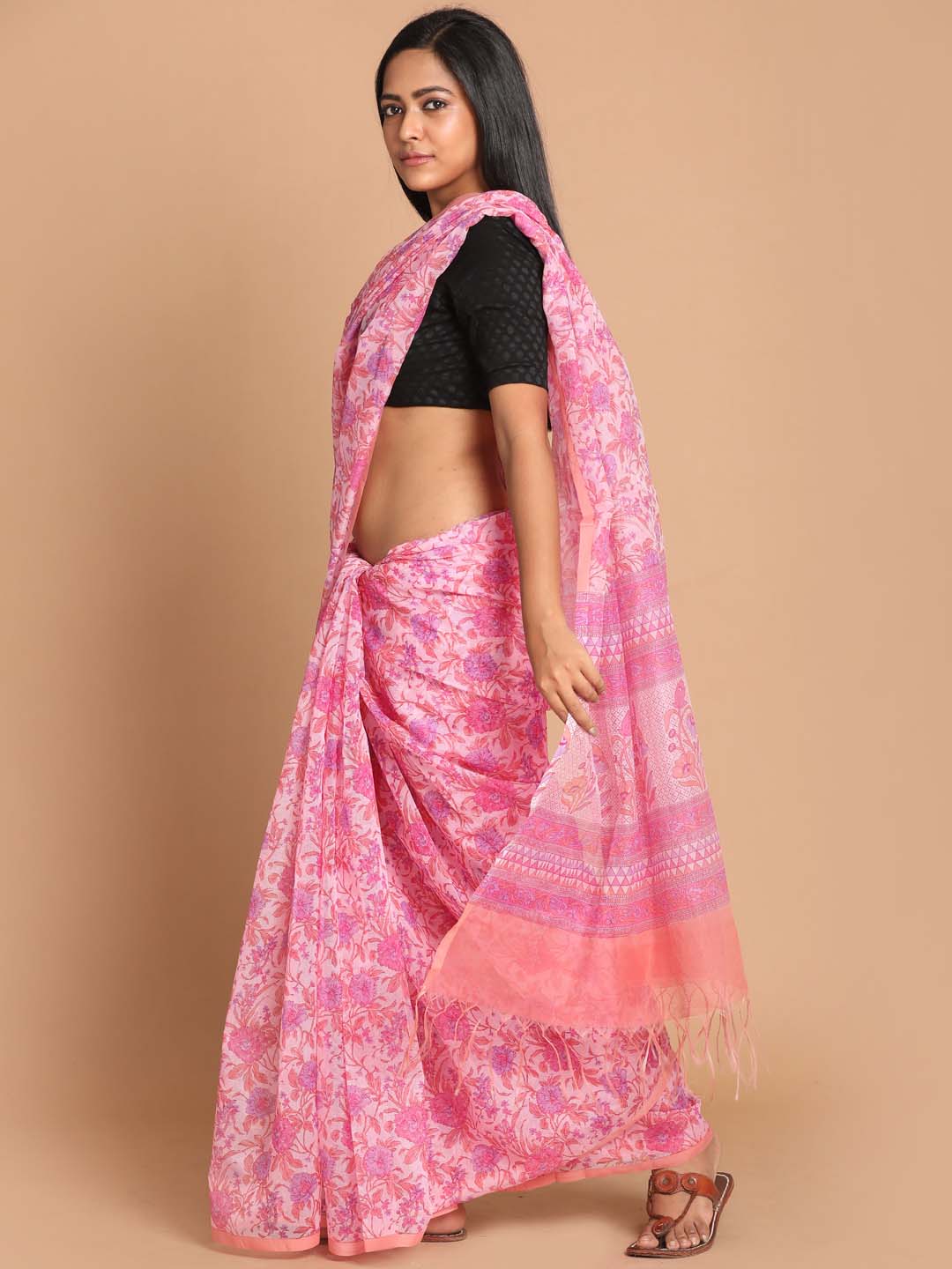 Indethnic Printed Cotton Blend Saree in Pink - View 2