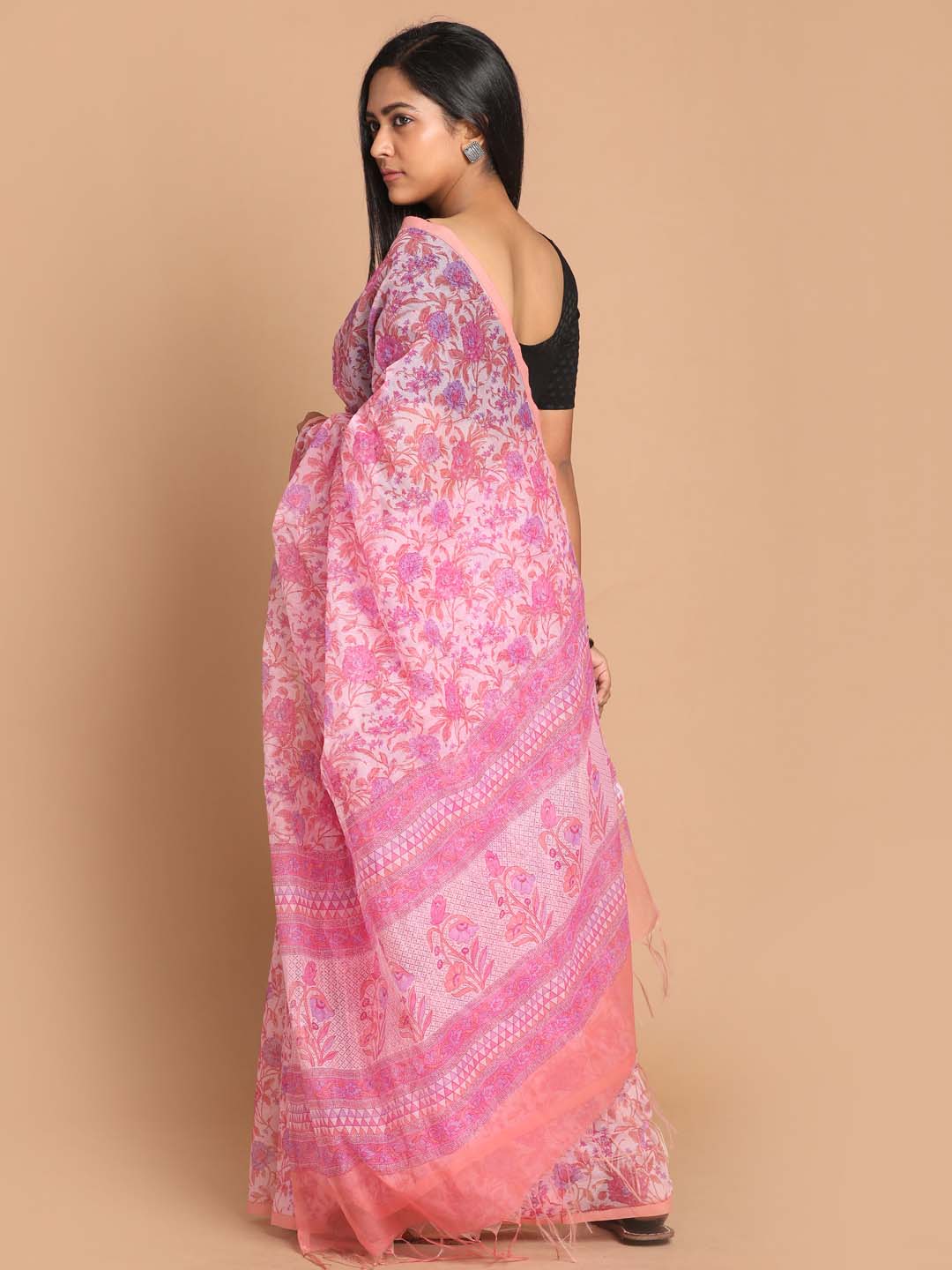 Indethnic Printed Cotton Blend Saree in Pink - View 3