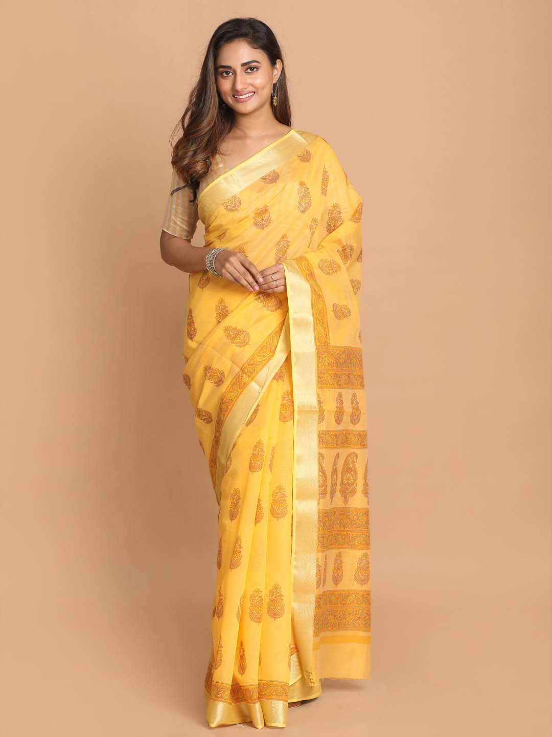 Indethnic Printed Cotton Blend Saree in Yellow - View 1