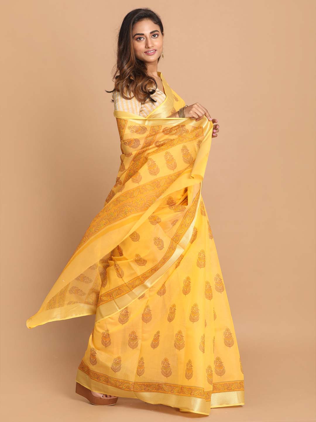 Indethnic Printed Cotton Blend Saree in Yellow - View 2