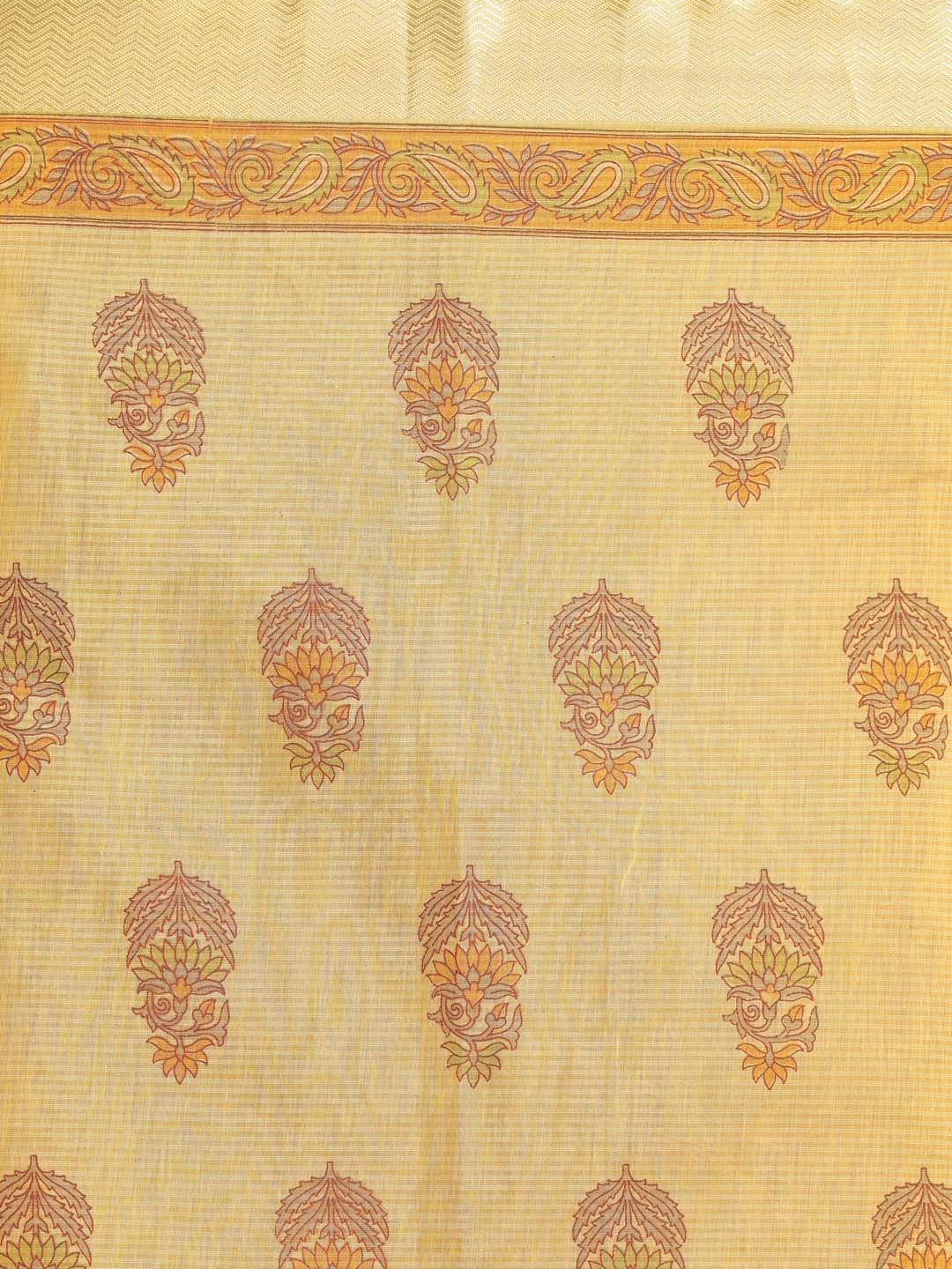 Indethnic Printed Cotton Blend Saree in Yellow - Saree Detail View