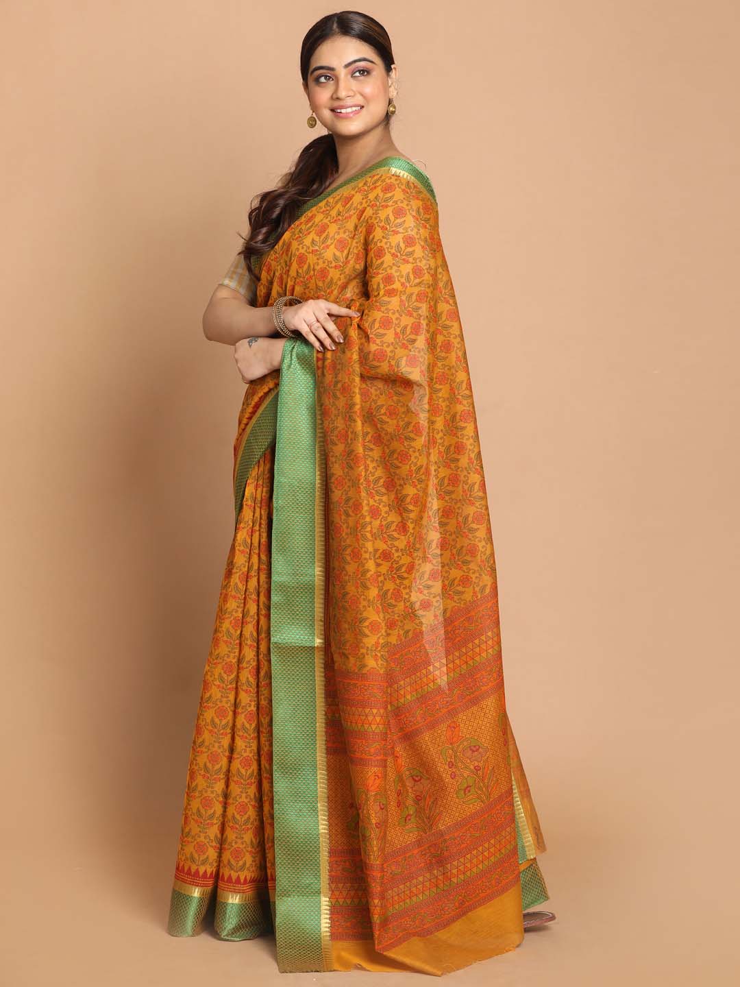 Indethnic Printed Cotton Blend Saree in Yellow - View 2