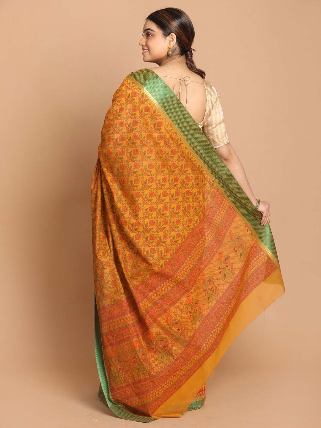 Indethnic Printed Cotton Blend Saree in Yellow - View 3