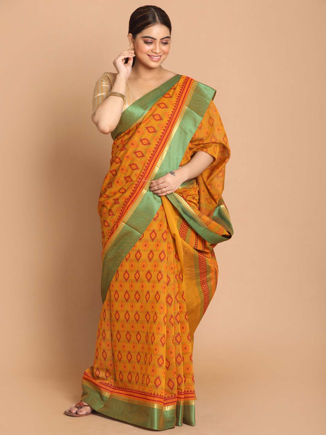 Indethnic Printed Cotton Blend Saree in Yellow - View 1