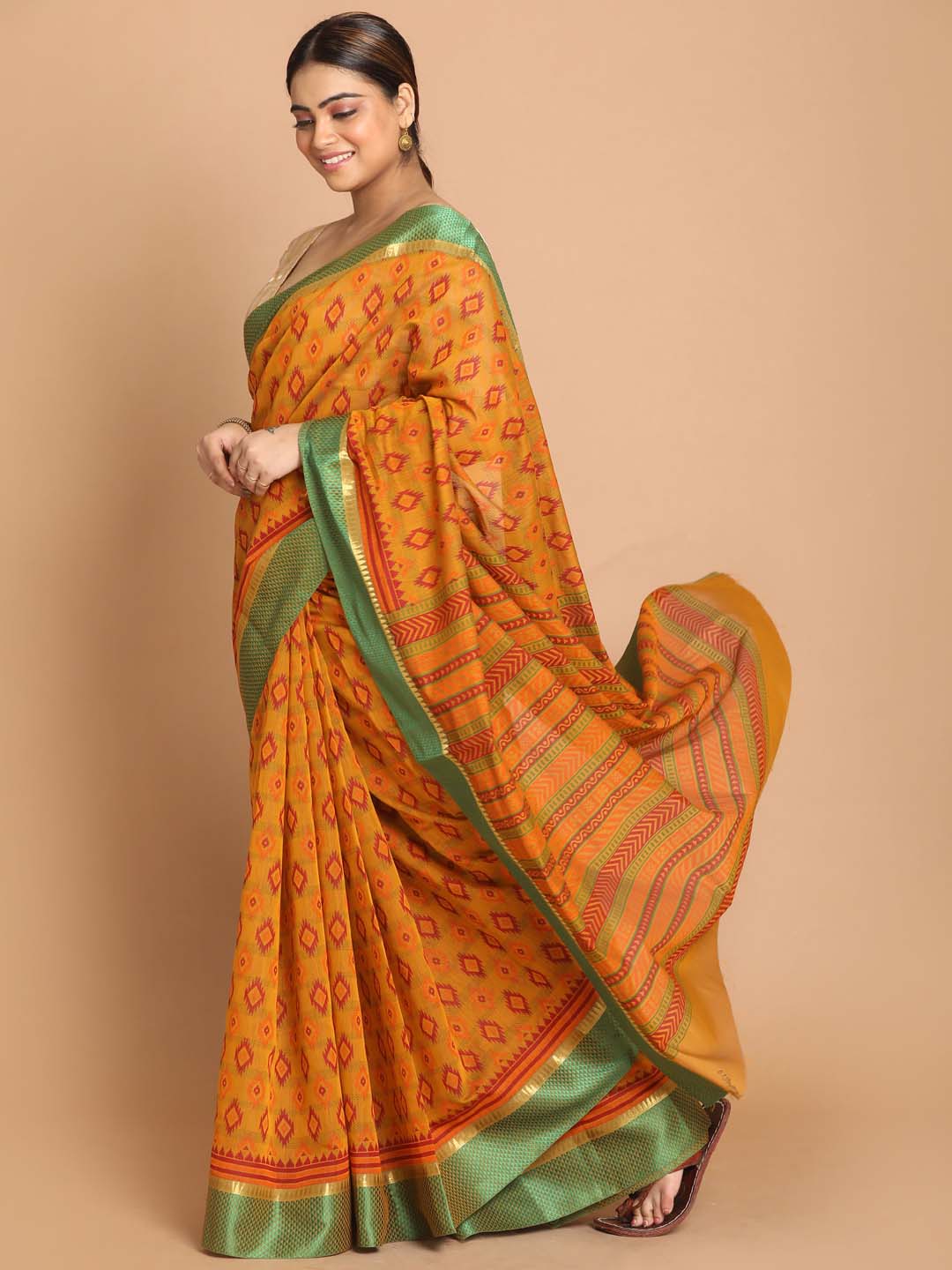 Indethnic Printed Cotton Blend Saree in Yellow - View 2