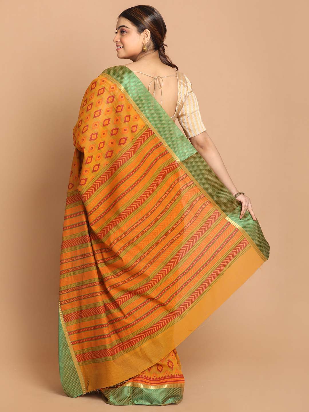 Indethnic Printed Cotton Blend Saree in Yellow - View 3