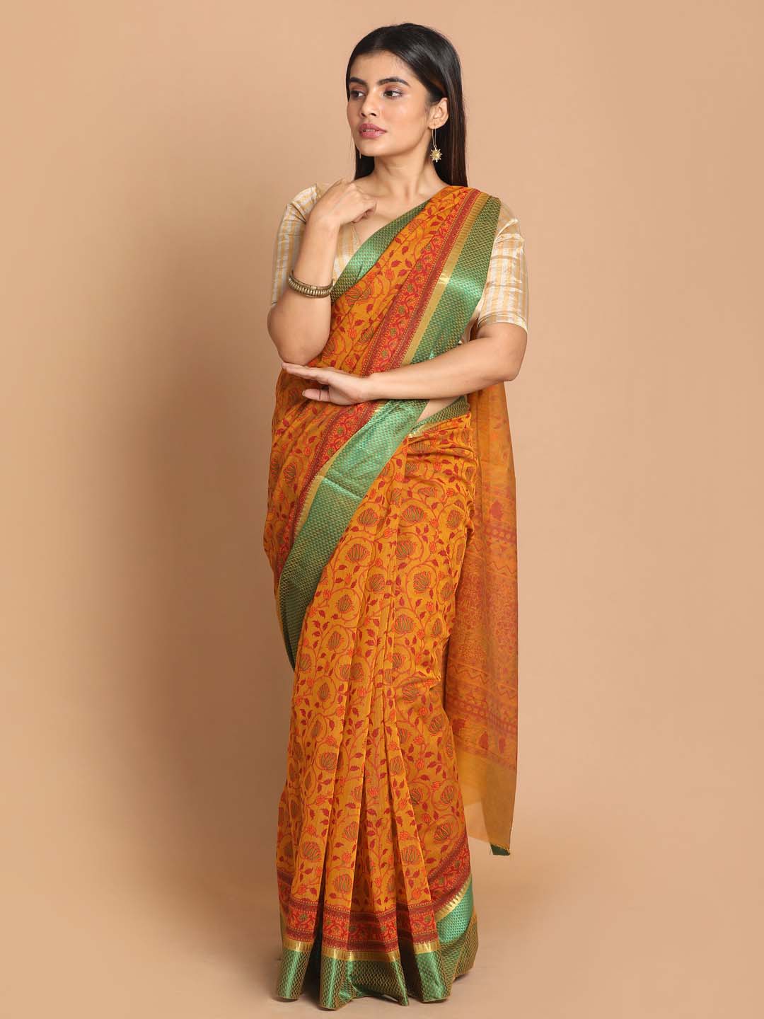 Indethnic Printed Cotton Blend Saree in Yellow - View 1